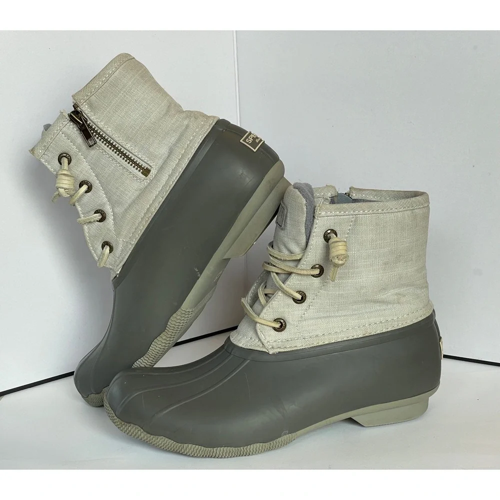 Sperry Saltwater Duck Boot Grey Canvas Waterproof Side Zip STS80411 Womens 7.5M